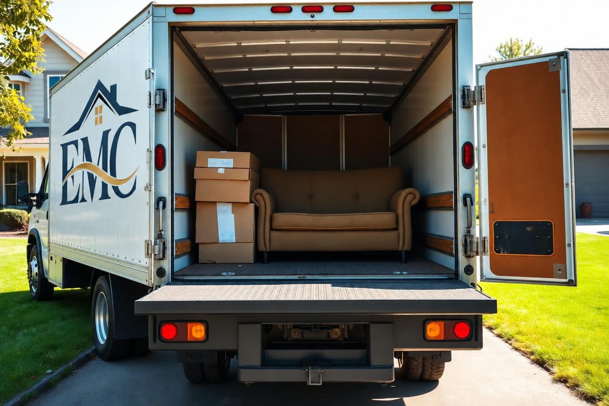 EMC Services box truck loaded with furniture and boxes at a Naperville home